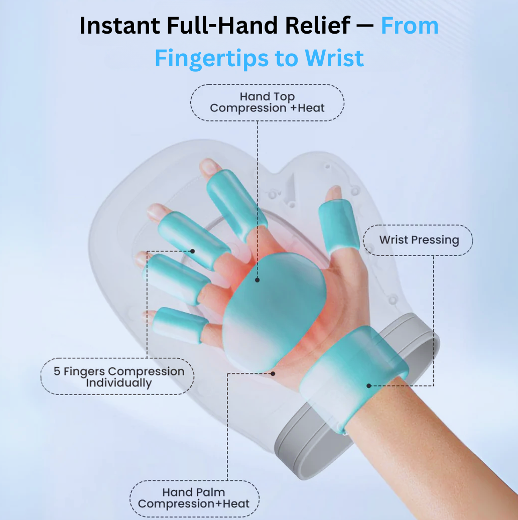 Handheld device with compression and heat for hand and wrist relief on a light blue background
