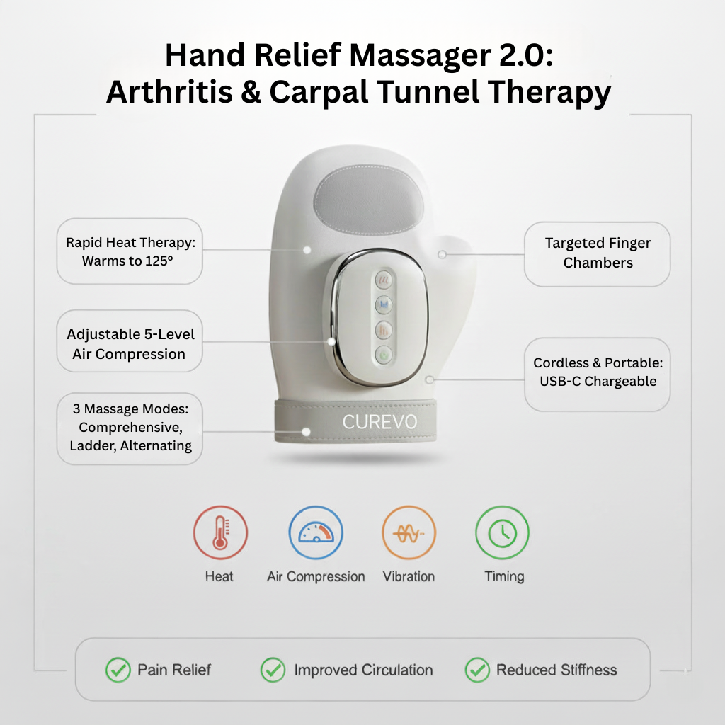 Hand Relief Massager 2.0 by CUREVO with features listed on a white background