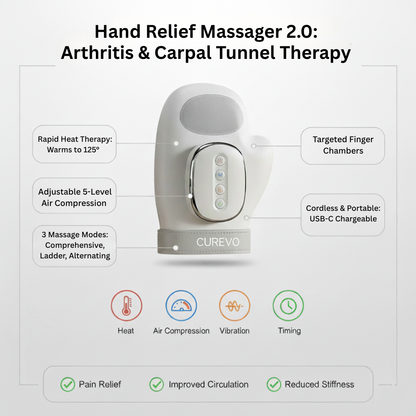 Hand Relief Massager 2.0 by CUREVO with features listed on a white background