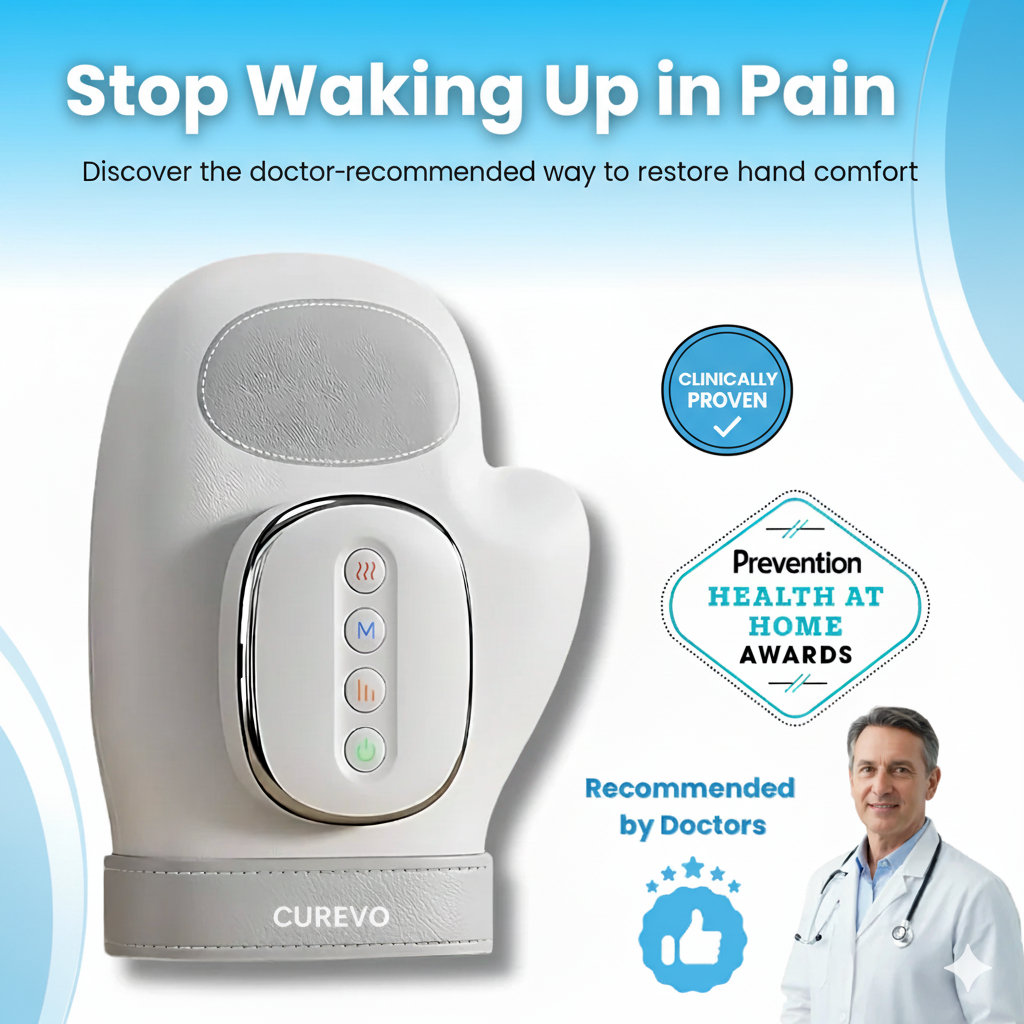 CUREVO hand comfort device with a doctor's endorsement on a blue background